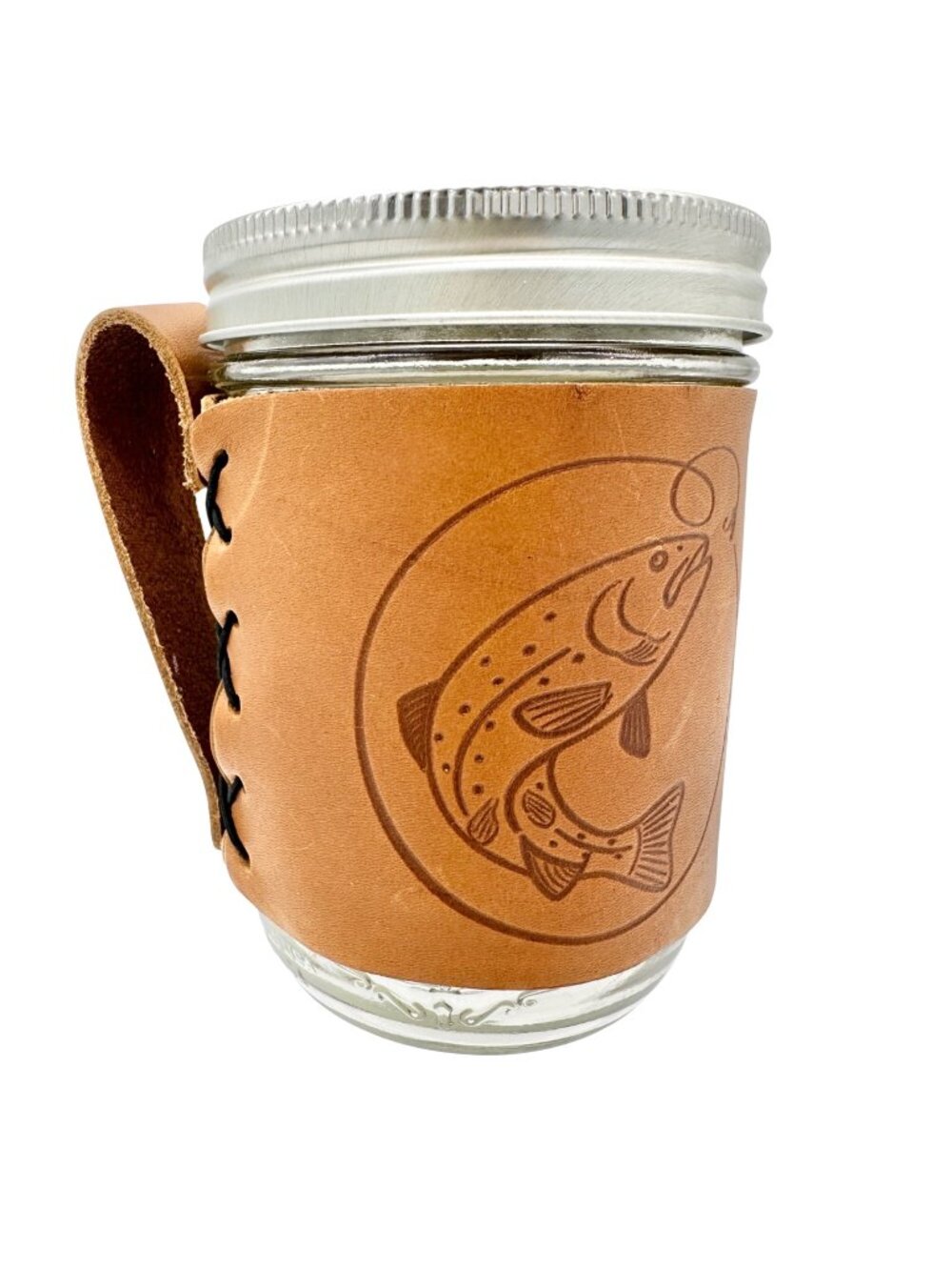 Ball Jar 12 Oz Glass with Leather Holder Embossed with Trout Design Fisherman